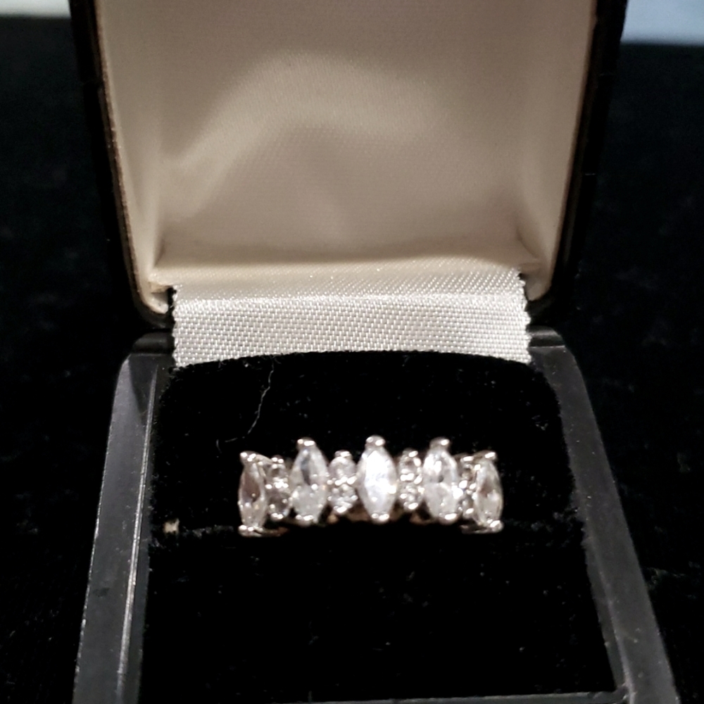 Gold Tone Overlay Ring with 5 CZ Stones and Smaller CZ Stones between them